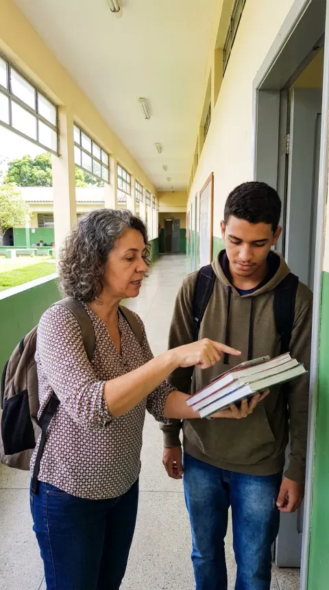 No corredor da escola, uma professora aponta uma página do livro que um aluno segura; ele acompanha com atenção