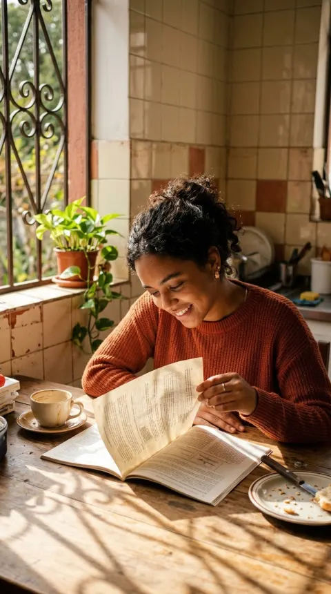 Uma jovem de suéter laranja lê um livro aberto sobre a mesa e sorri, entre plantas e uma xícara