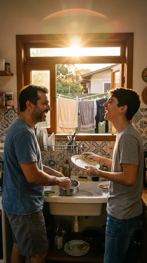 Na cozinha de casa, um pai e o filho adolescente conversam de frente um para o outro enquanto lavam a louça