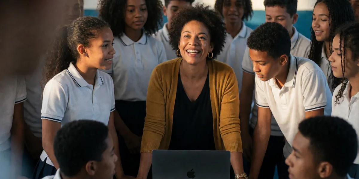 Professora sorrindo com o notebook aberto, cercada pela turma em sala de aula.