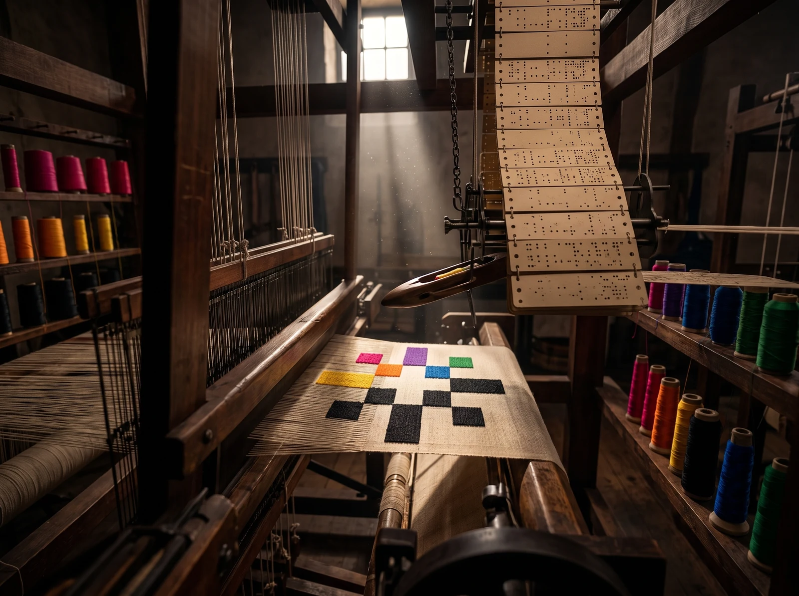 Um tear de Jacquard tecendo a marca da Loomty em fios coloridos, com os cartões perfurados que guiam o desenho