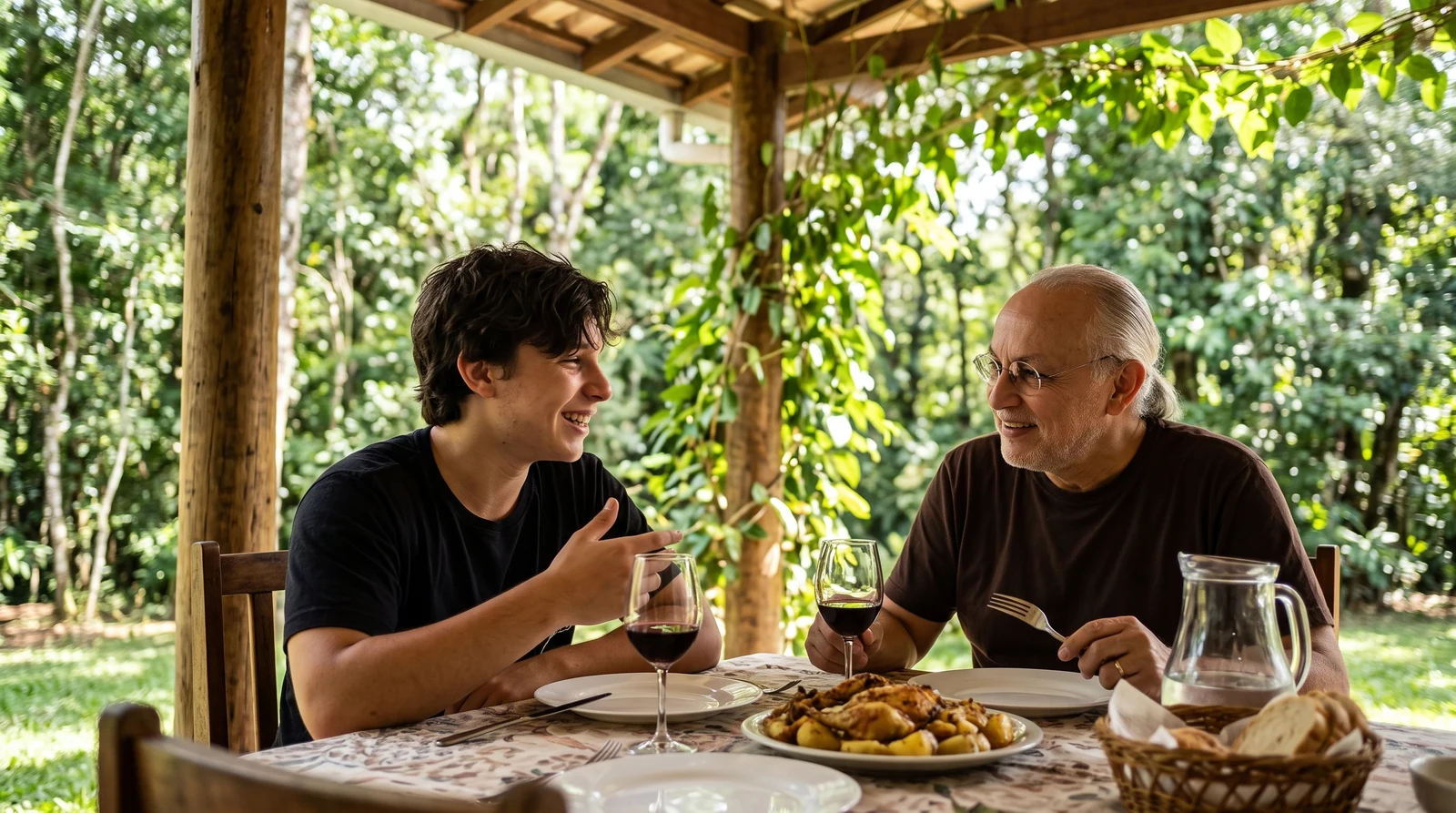 Pai e filho conversando sorrindo à mesa, num almoço ao ar livre cercado de mata